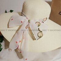 Nón cói/mũ cói nữ đi biển vành rộng phối nơ voan to sang chảnh hình chụp thật-vành rộng nơ voan