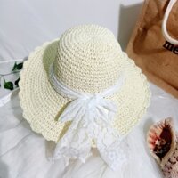 Nón cói,mũ cói nữ mềm nơ ren tiểu thư hàng nhập cao cấp_q12m ren trắng NHƯ Ý