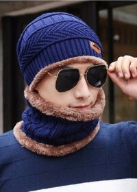 Nón len - Mũ len kèm khăn nam nữ  - xanh đen