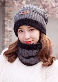 Nón len - Mũ len kèm khăn nam nữ  - xám