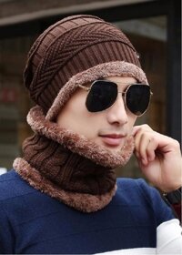 Nón len - Mũ len kèm khăn nam nữ  - nâu