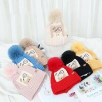 Nón len, mũ len trùm đầu cho bé trai hình gấu có quả bông siêu xinh - HOT - NEW NEWW