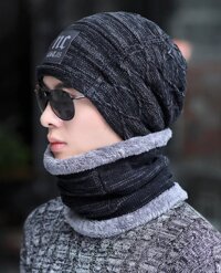 Nón len nam mũ len nam tặng kèm khăn choàng y hình thời trang Hàn Quốc dona21102701 - đen