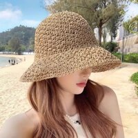 Nón, mũ cói dày dặn vành rộng cách điệu phối dây ren thắt nơ phía sau, phong cách trẻ trung, nữ tính - Mũ đi biển ca19