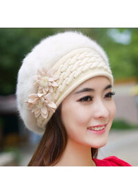 NÓN MŨ LEN BERE LÔNG THỎ FLOWER DN19111707 - TRẮNG KEM