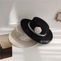 Nón nỉ mũ phớt vành rộng đính hoa da hai màu trắng đen