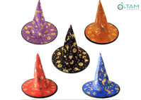 Nón phù thủy vải màu in họa tiết HLW-NPT-02