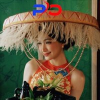 Nón quai thao biểu diễn, nón quai thao decor trang trí Tết, Nón quai thao gắn lông vũ mịn mượt dây ngọc chụp ảnh cho nữ