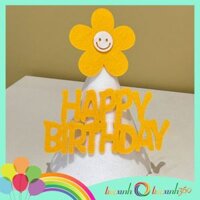 Nón sinh nhật Happy Birthday chóp hoa cúc - Trắng