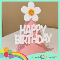 Nón sinh nhật Happy Birthday chóp hoa cúc - Hồng