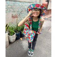 Nón vải rộng vành, mũ tai bèo họa tiết hoa đỏ nhiều màu rực rỡ | Lí lì li