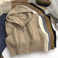 Northvotescastsuper Hàn Quốc Nữ Màu Trơn Không Tay Dây Kéo Áo Len Có Mũ Thời Trang Crop Top NVCS