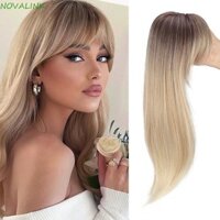 Novalink Topper Hair with Hair Bangs, Phần mở rộng tóc thẳng Toppers tóc tổng hợp, Kẹp tóc trắng & kẹp tóc trong Ombre Natural Topper Hairpieces dành cho nữ