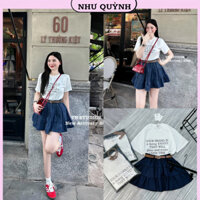 NQS Set Bộ Đồ Nữ Umi Áo Chữ Mix Chân Váy Bò Xoè Tầng Kèm Đai Siêu Xinh
