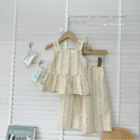 NT343 Bộ linen quần dài suông áo hai dây bản to Vintage cho bé gái (cúc dọc)