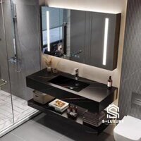 NT60 – Bàn đá đôi nhân tạo liền khối bề mặt nhám chống xước, kết hợp vòi nóng lạnh và tủ gương led cảm ứng.