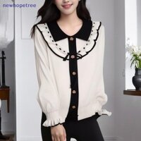 Ntvn Nữ Xù Dài Tay Dệt Kim Áo Len Đơn Ngực Ve Áo Nơ Áo OIK