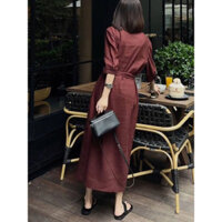 Nữ 3 / 4 tay áo vải lanh cotton nút xuống váy váy váy midi phong cách dáng rộng có thắt lưng