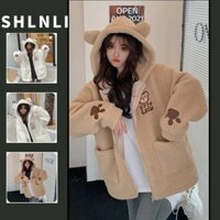 Nữ Dễ Thương Có Mũ Trùm Đầu Với Tai Thỏ Áo Khoác Lông Cừu Mùa Thu Đông Plus Lông Cừu Áo Khoác Rời Thường Ngày