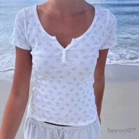 Nữ Henley Áo Thun Nữ Dễ Thương In Hình Gấu Ngắn Tay Muỗng Cổ Slim Fit Mùa Hè Áo Crop Tops