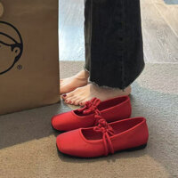 Nữ Mary Jane Giày Đầu Xuân Phong Cách Mới Đen Đỏ Đế Mềm Giày Ba Lê Đế Bằng Phong Cách Hàn Quốc Nông Miệng Lười Mules