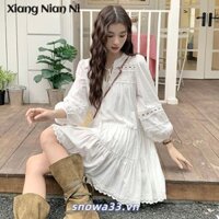 Nữ Mới Nhẹ Nhàng Tua Rua Ren Rỗng Khâu Ren Đầm Tay Phồng