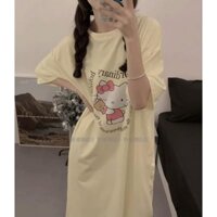 Nữ Mùa Hè Loungewear Váy Ngủ Tay Ngắn Chữ Hello Kitty Váy Rời Thoải Mái Bộ Đồ Ngủ