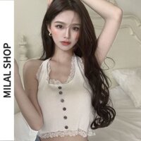 Nữ Mùa Hè Lưng Xù Áo croptop Trắng Đen Ren Cổ Treo Dây Tua Rua Camisoles