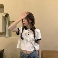 Nữ Mùa Hè Mới Hàn Quốc Tương Phản Cổ Polo Tay Ngắn Ôm Ngắn Đan Top