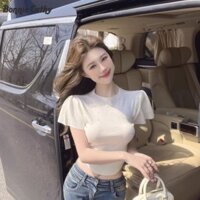 Nữ Phong Cách Hàn Quốc Kim Cương Giả Sáng Bóng Mỏng Áo Len Thời Trang Cổ Tròn Cao Cấp Ôm Đáy Áo Sơ Mi