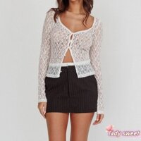 Nữ Tay Dài Sheer Ren Nút Áo Sơ Mi Slim Fit