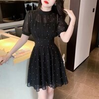 Nữ Thần Quạt Voan Chấm Bi Đầm Ngắn Tay Nữ Cao Cấp Tính Khí Màu Hồng Nẹp Rộng Lớn Đầm Xoay Nhỏ Mùa Hè Tay Ngắn