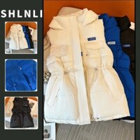 Nữ Thu Đông Phong Cách Hàn Quốc Slim Fit Dây Rút Áo Vest Cotton Oversize Màu Trơn Đa Năng Có Mũ Trùm Đầu Áo Khoác Cotton Không Tay