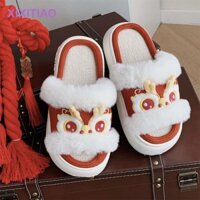 Nữ Vải Lanh Vui Nhộn Dép Nhỏ Lửa Rồng Sư Tử Khiêu Vũ Đế Dày Nhà Vải Lanh Cotton Phong Cách Retro Tăng Chiều Cao 2.10 Bốn Mùa Dải Mỏng