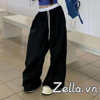 Nữ Xuân Hè Quần Baggy Dây Rút Thắt Lưng Màu Sắc Tương Phản Quần Ống Rộng