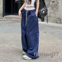 Nữ Xuân Hè Quần Baggy Dây Rút Thắt Lưng Rời Màu Sắc Tương Phản Quần Ống Rộng