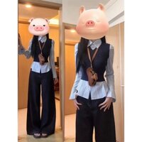 Nữ Xuân Thu Phiên Bản Hàn Quốc Retro Đơn Giản Màu Trơn Dệt Kim Áo Vest + Kẻ Sọc Áo Sơ Mi Mỏng