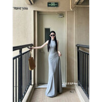 Nửa Cổ Rùa Áo Vest Không Tay Không Đều Top Nữ Mùa Hè Hot Girl Phù Hợp Với Chia Đuôi Cá Nửa Chiều Dài Váy Hai Mảnh Phù Hợp Với