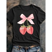 Nữcherry Dâu Nơ Tình Yêu Chữ Trái Cây In Hình Áo Thun Màu Thời Trang Cotton Tay Ngắn Cổ Tròn Ôm Top Mùa Hè Thường Ngày Dạo Phố