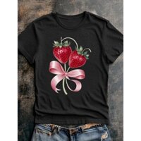 Nữcherry Dâu Nơ Tình Yêu Chữ Trái Cây In Hình Áo Thun Màu Thời Trang Cotton Tay Ngắn Cổ Tròn Ôm Top Mùa Hè Thường Ngày Dạo Phố