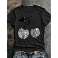 Nữcherry Dâu Nơ Tình Yêu Chữ Trái Cây In Hình Áo Thun Màu Thời Trang Cotton Tay Ngắn Cổ Tròn Ôm Top Mùa Hè Thường Ngày Dạo Phố