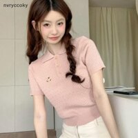 [Nvrycoky] Áo thun dệt kim ngắn tay thêu gấu ngọt ngào Hàn Quốc dành cho nữ Preppy Style Top VN
