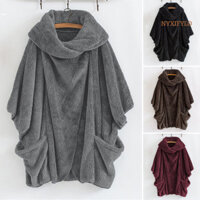 [Nyxifylo] Áo nỉ nữ mùa đông có túi nhung hai mặt Baggy cổ tròn lớn không đều màu trơn Pyjama dày hàng đầu Quần áo mặc nhà