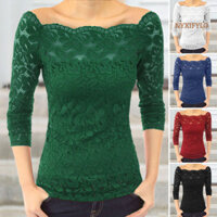 [Nyxifylo] Áo Nữ Cổ Xiên Áo Sơ Mi Ren Tay Dài Ren Rỗng Nối Màu Trơn Ôm Vừa Vặn Thêu Ren Hoa Cao Cấp