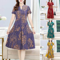 [Nyxifylo] Đầm Mùa Hè Nữ Cổ Chữ V Tay Dài Phong Cách Trung Hoa Tay Ngắn In Chữ A Xếp Ly Túi Dài Đầu Gối Nữ Trung Niên Mẹ Midi Đầm