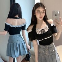 NZN Áo crop top cổ vuông phong cách Hàn Quốc có tấm ren áo thun ngắn tay cổ áo gợi cảm dành cho nữ