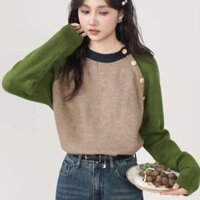 NZN Áo len cổ tròn màu xanh lá cây cho nữ mùa đông lười mới tương phản Retro dài tay dệt kim