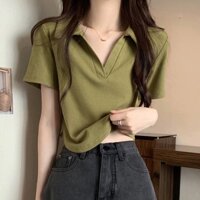 NZN Áo polo ngắn tay màu xanh lá cây phiên bản Hàn Quốc dành cho nữ cổ chữ V mỏng màu trơn crop top