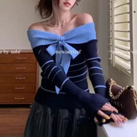 NZN Áo trễ vai sọc một vai tương phản mùa xuân dành cho nữ Hàn Quốc