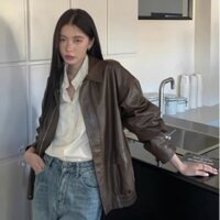 NZN Hàn Quốc Thu Đông Mỹ Vintage Nâu Biker Áo Khoác Da Nữ Dài Tay Áo Khoác Da Top
